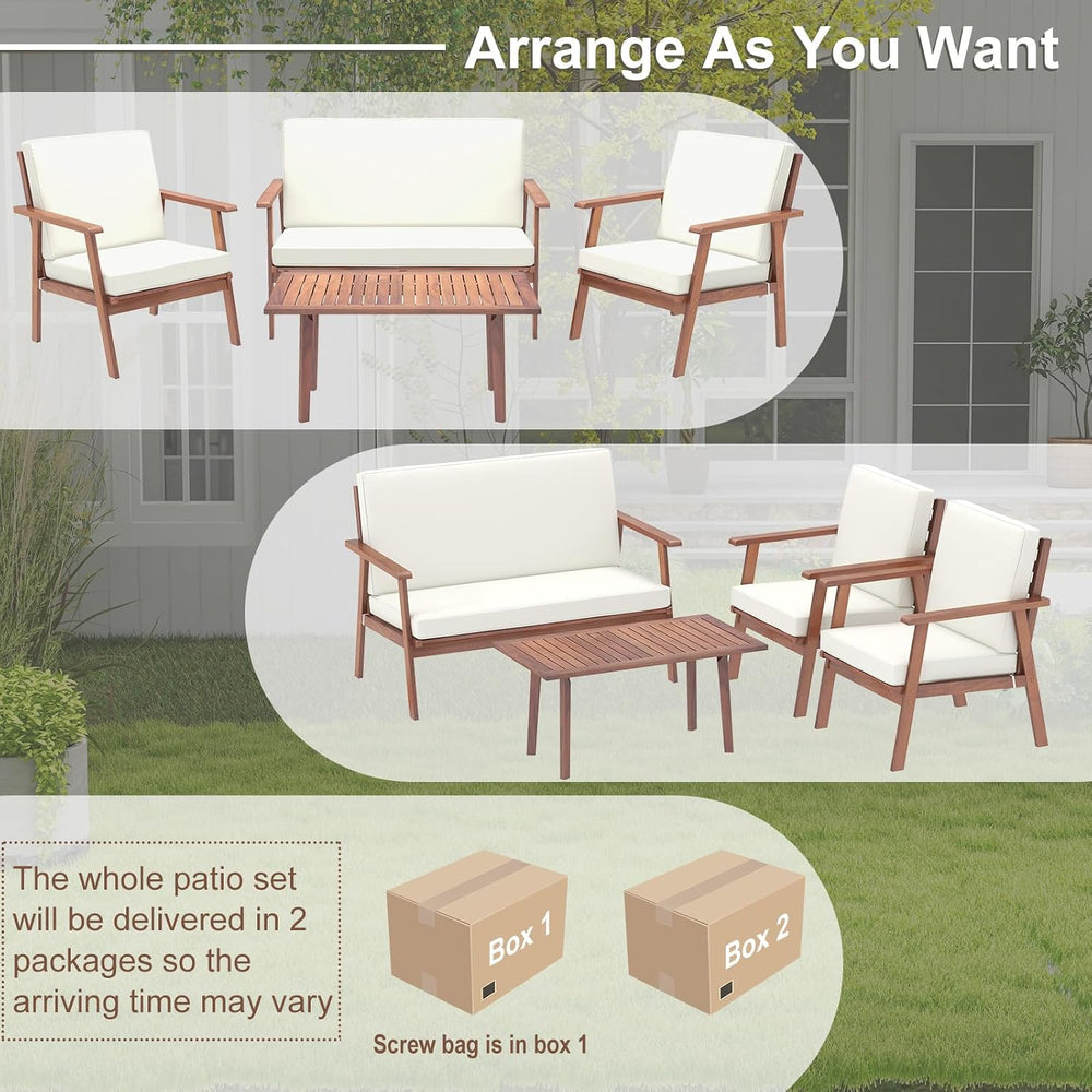 Tangkula 4 Piece Outdoor Conversation Set, Acacia Wood Sofa Set with Soft Sea...