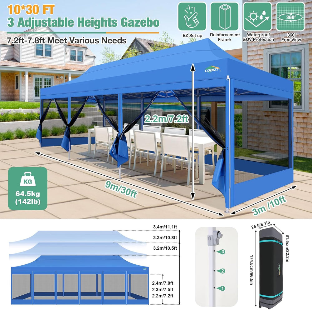 COBIZI 10x30 Heavy Duty Pop Up Canopy Tent, Removable Mesh Sidewalls