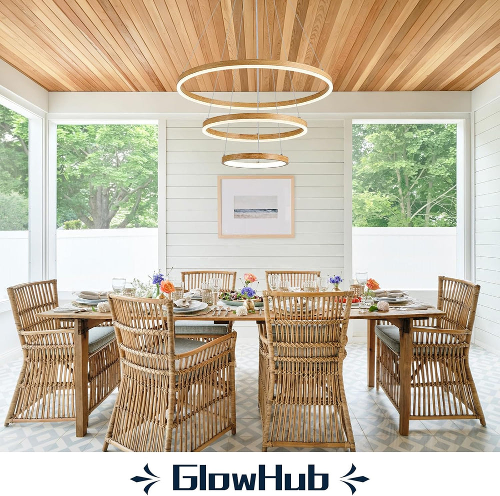 Modern LED Chandelier 24" Circular Pendant Light 3-Ring with Wood Grain ...