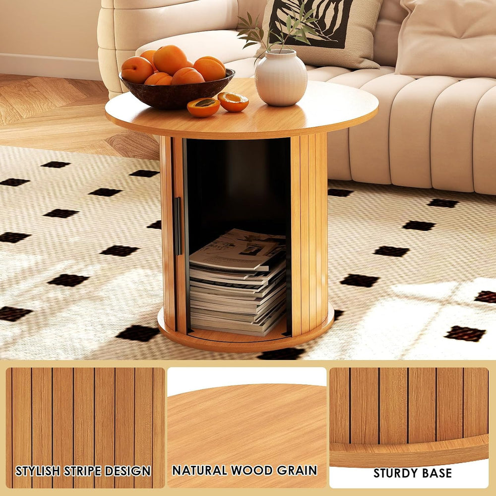Round Wood Coffee Table with Storage, Small Circle Tables for Small Spaces