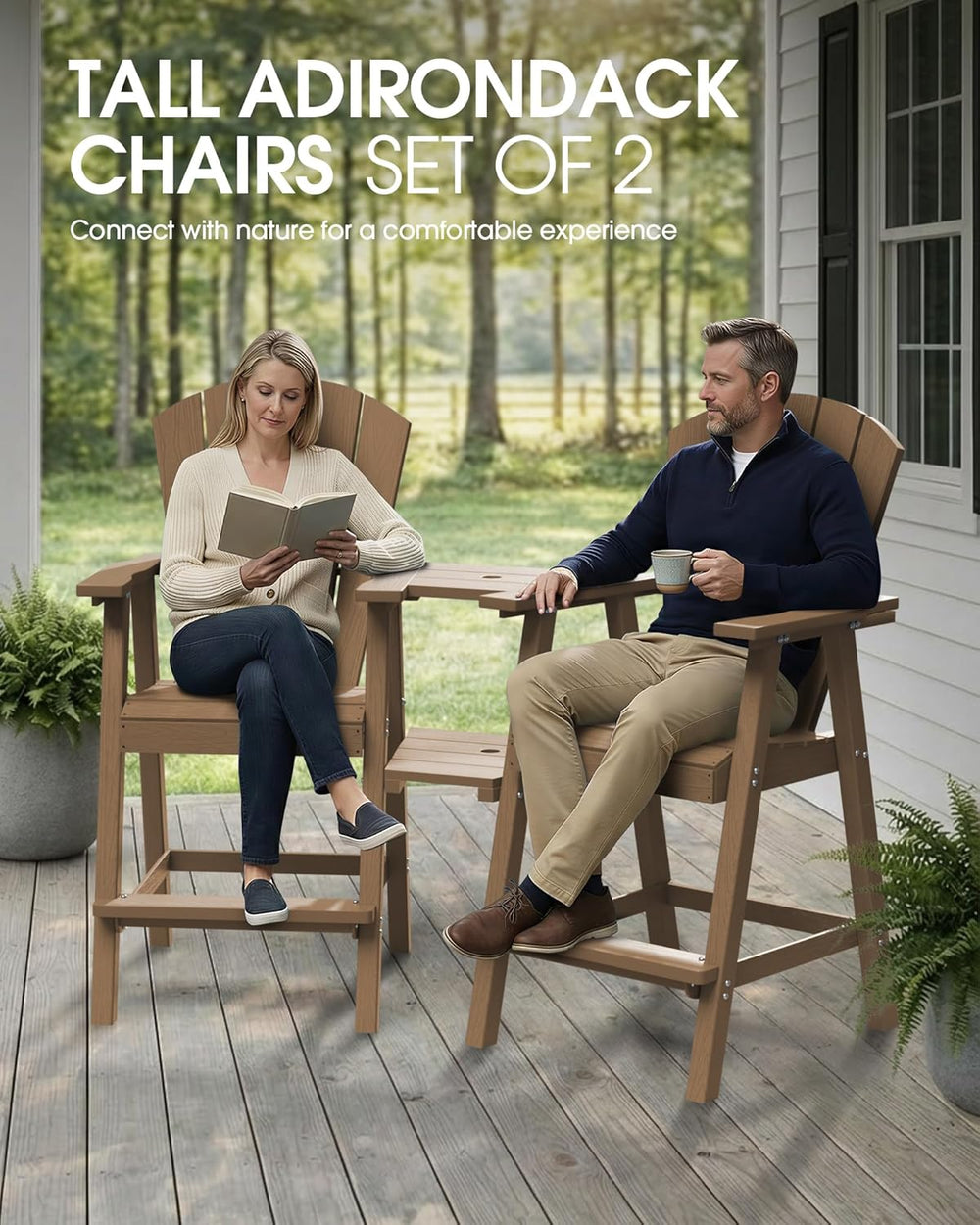 Tall Adirondack Chairs Set of 2 with Double Detachable Trays, Teak