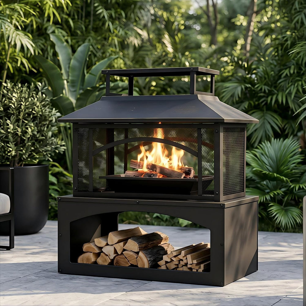 Aoxun 36" Outdoor Fire Pit with Wood Storage, Steel Wood Burning Firepla...