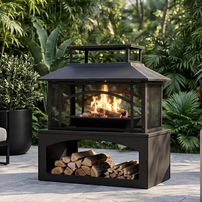 Aoxun 36" Outdoor Fire Pit with Wood Storage, Steel Wood Burning Fireplace with Mesh Spark Screen & Poker, Patio Heater with Removable Ash Pan for Backyard, Garden, Deck
