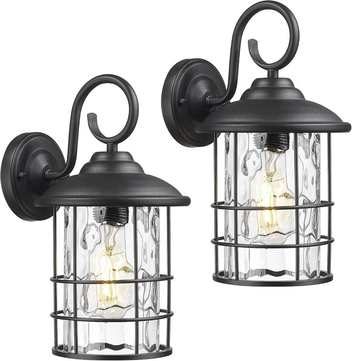 Emliviar 2 Pack Outdoor Black Wall Sconces with Water Ripple Glass, E26 Base, 12.5 Inch Front Door Vintage Wall Lighting for Entryway and Garden, 1803CW2-2PK-WG