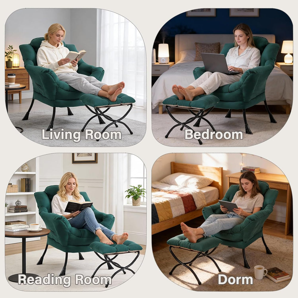 Modern Lazy Chair with Ottoman, Comfy Accent Reading Chair, Dark Green