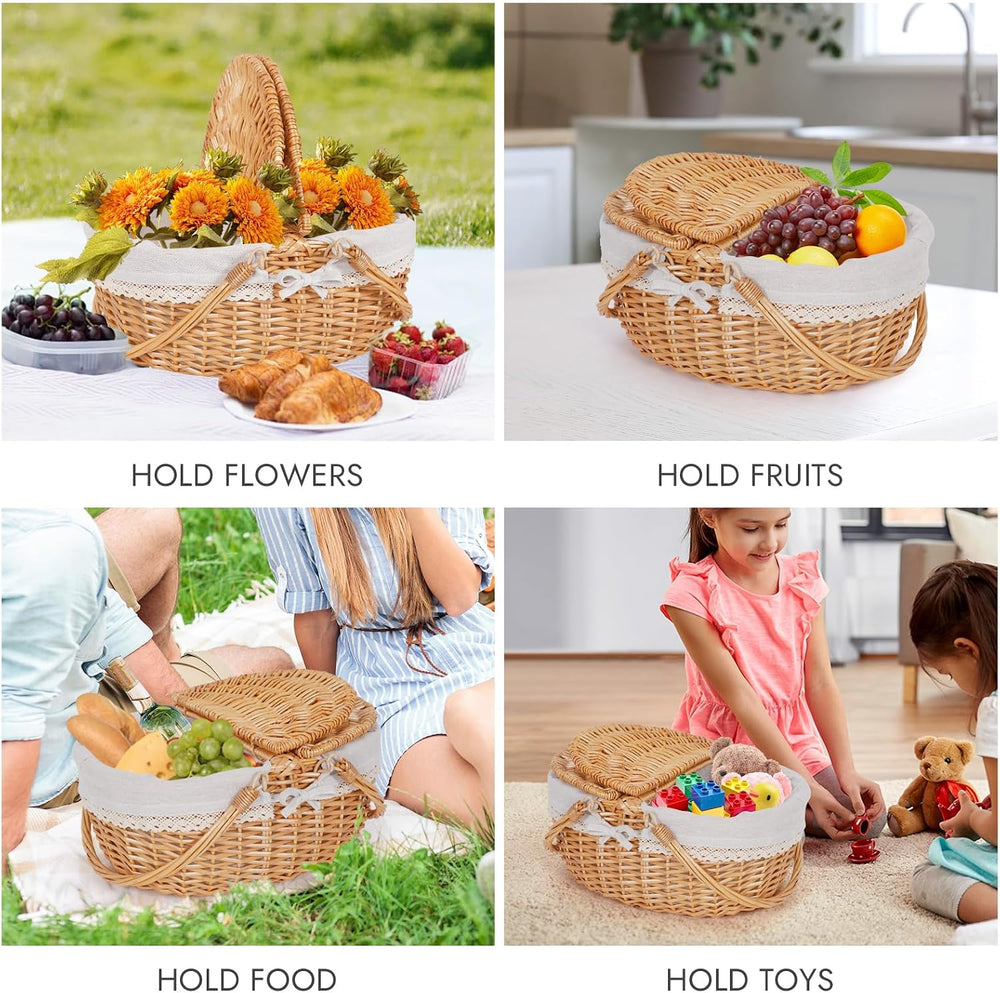 HappyPicnic Wicker Picnic Basket with Handle & Lid, 15" Vintage Hand...