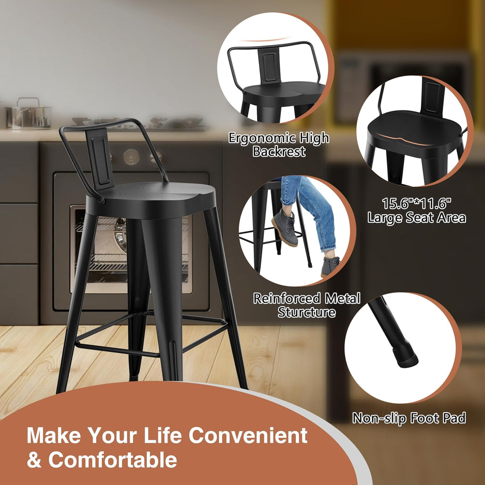 ALISH 24 Inch Bar Stools Set of 4, Industrial Metal Barstools Farmhouse Bar C...