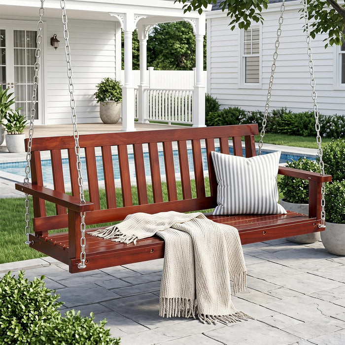 FDW 880 LBS Outdoor Wooden Porch Swing Wooden 3-Seater, 5FT with Ergonomic Design, Water-Resistant Heavy-Duty for Courtyard Garden Backyard, Brown