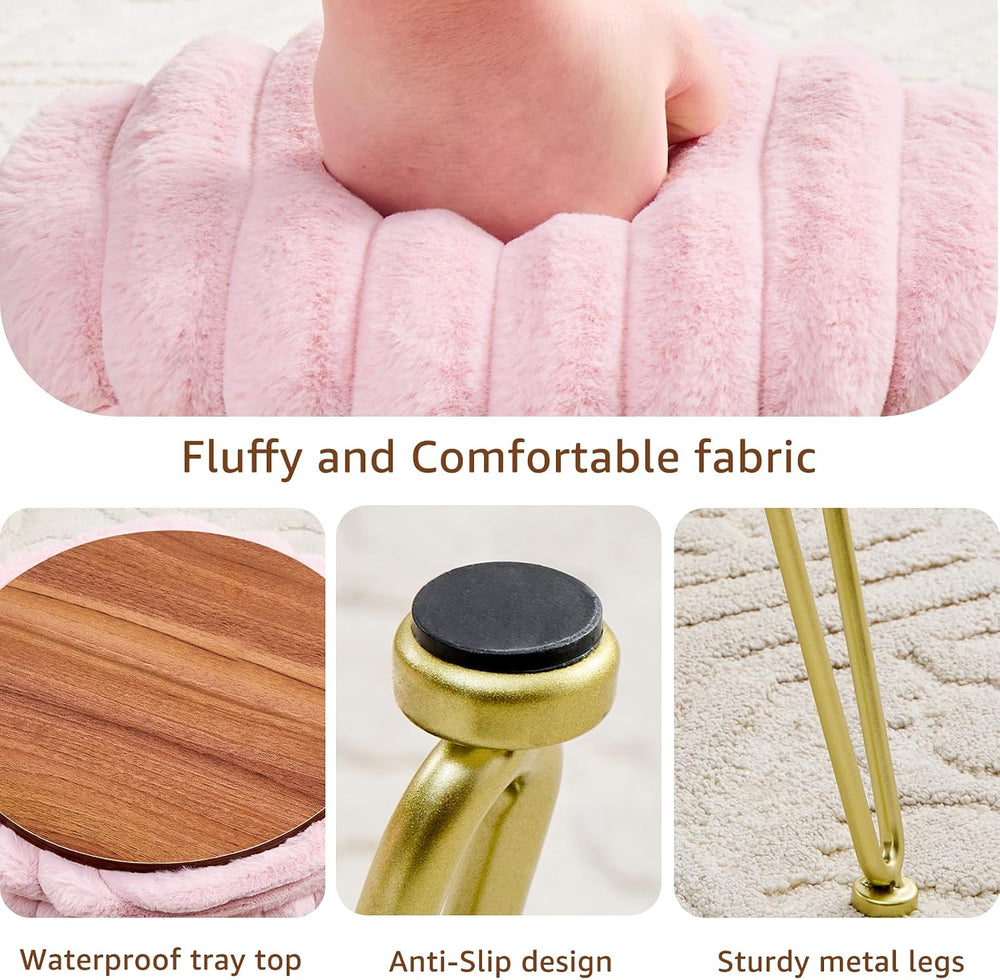 Wimarsbon Vanity Stool with Storage, Faux Fur Ottoman Chair with Metal Legs, ...
