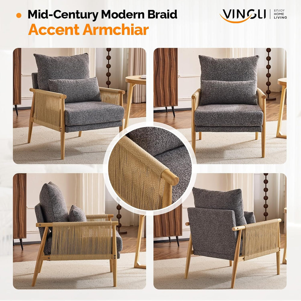 VINGLI Boho Braid Accent Armchair,Mid-Century Modern Chiar with Solid Wooden ...
