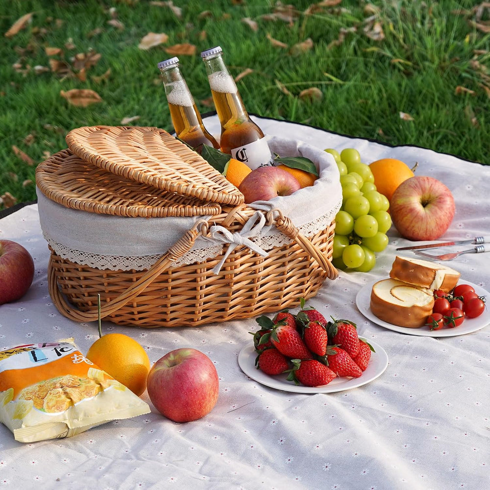 HappyPicnic Wicker Picnic Basket with Handle & Lid, 15" Vintage Hand...