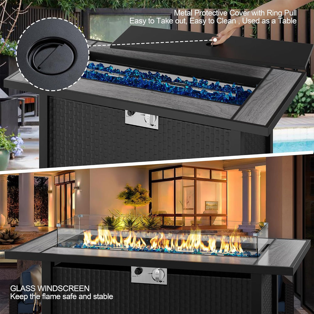 45 inch Outdoor Propane Fire Pit 50,000 BTU Gas Fire Pit Table with Lid, Glas...