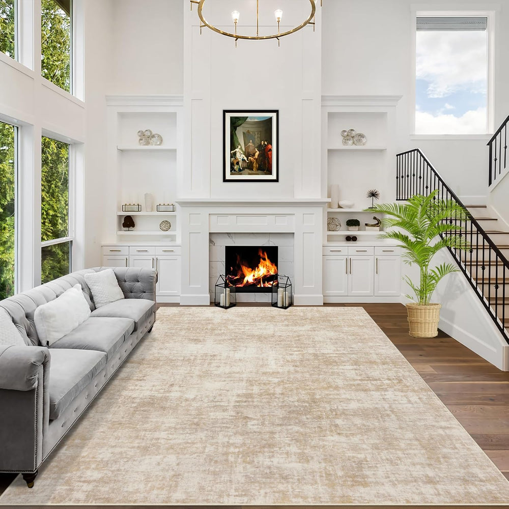 9x12 Area Rugs for Living Room: Washable Abstract Beige Badroom Carpet