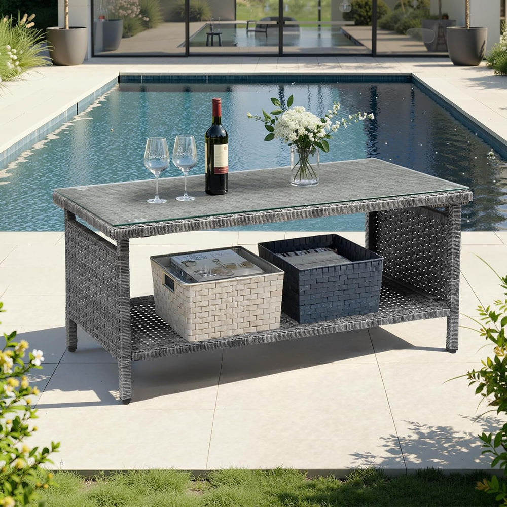 VINGLI Outdoor Wicker CoffeeTable Patio Coffee Tables for Outside, Tempered G...