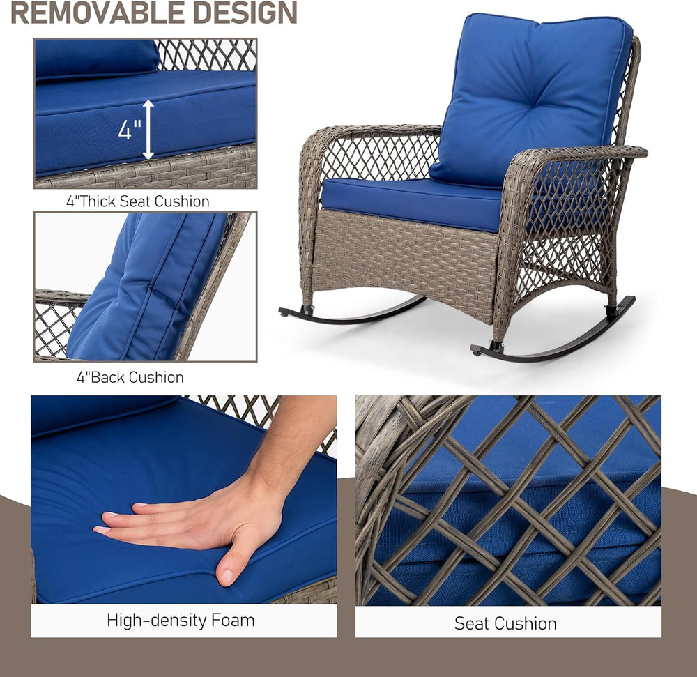 Outvita Outdoor Wicker Rocking Chair w/Cushions & Steel Frame, Navy Blue
