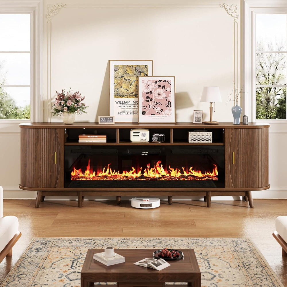 97" Fireplace TV Stand for 100" TV, Mid Century Modern Entertainmen...