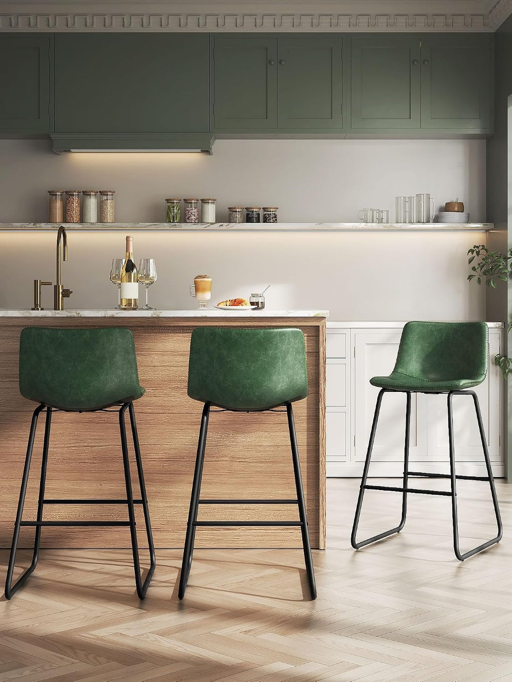 26in Bar Stools Counter Height Chairs Set of 3 (Green)