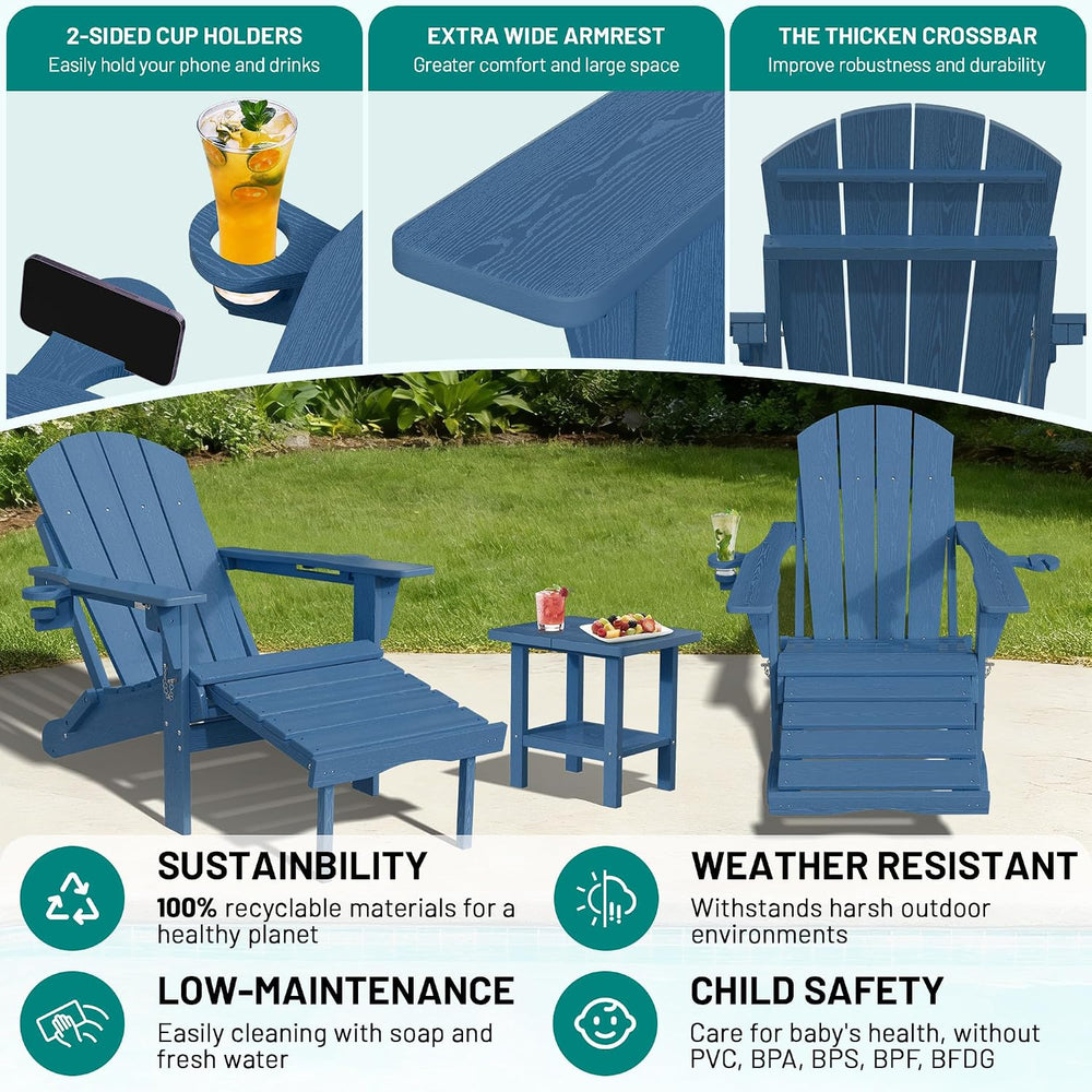PLUUV Folding Adirondack Rocking Chair with Retractable Ottoman, Navy Blue
