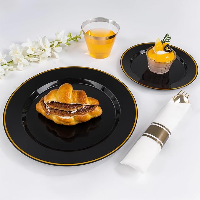 SUT 350 Pcs Black and Gold Plastic Dinnerware Set for 50 Guests, Include: 50 ...