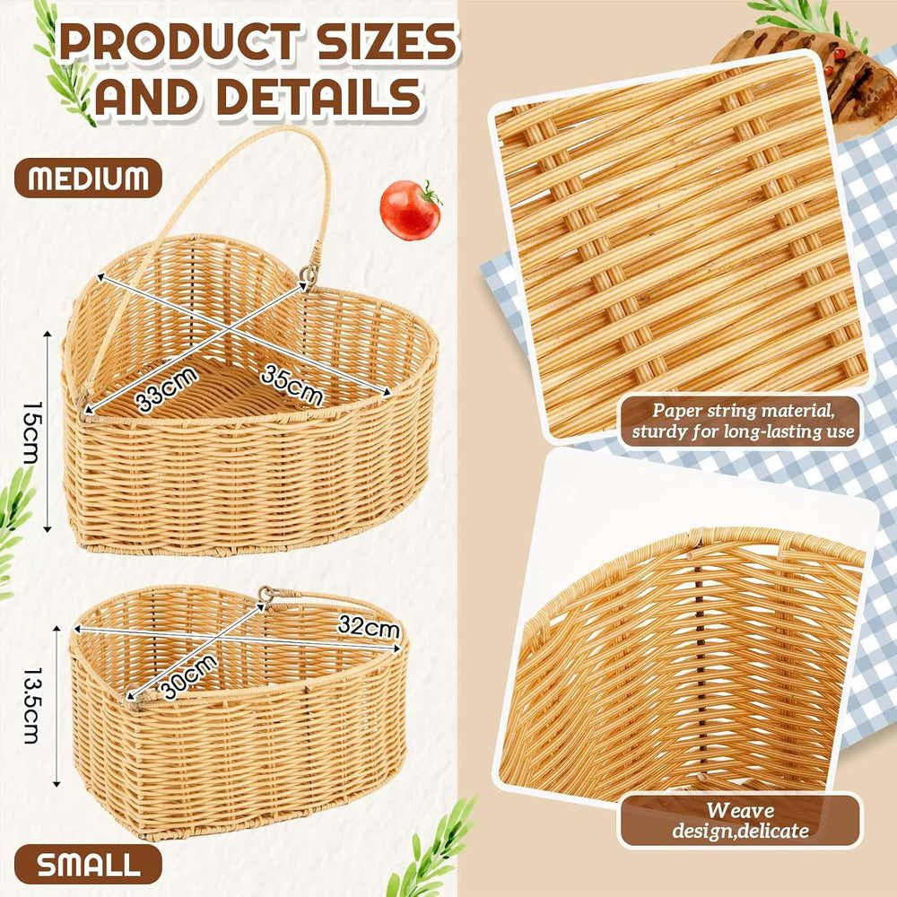 Qinyoung 2 Pcs Heart Wicker Picnic Basket with Handle Medium and Small Heart ...