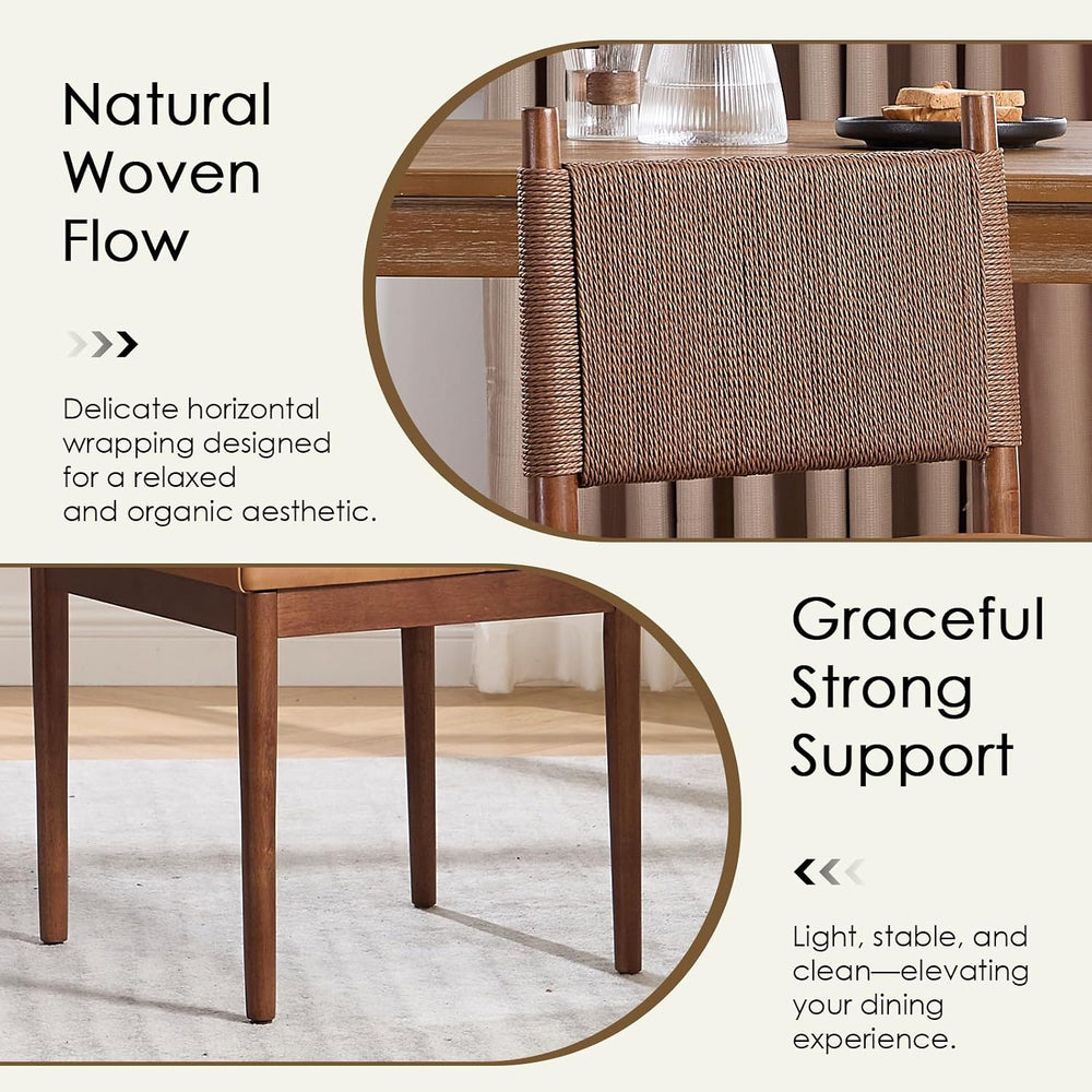 CIMOTA Leather Dining Chairs Set of 4, Woven Back/Walnut Wood/PU Brown