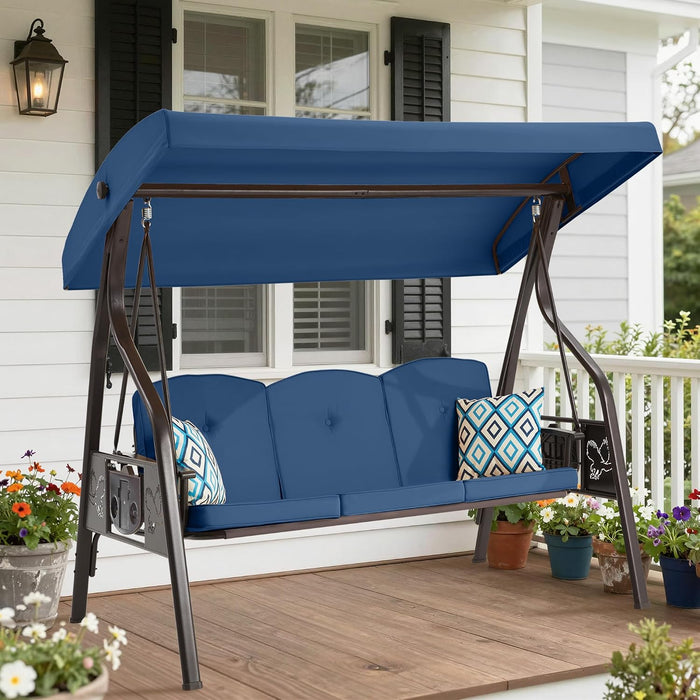 3-Seat Outdoor Porch Swing with Stand for Adults, 800lbs Convertible Swing Bed & Patio Swing with Canopy, Deep Cup Holder, Reinforced Seat, Thicken Cushions for Garden, Yard & Balcony, Blue