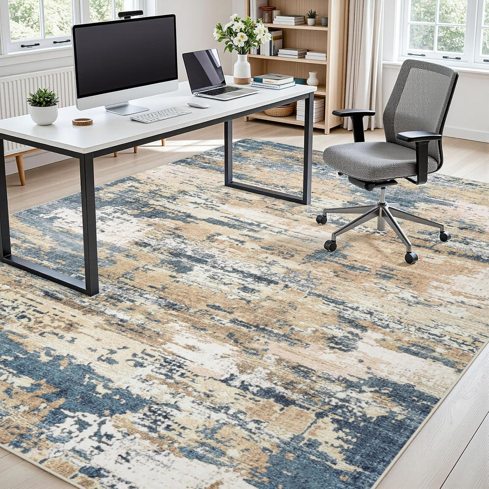 8x10 Area Rugs for Living Room Large Washable Abstract Rug Room Brown/Blue