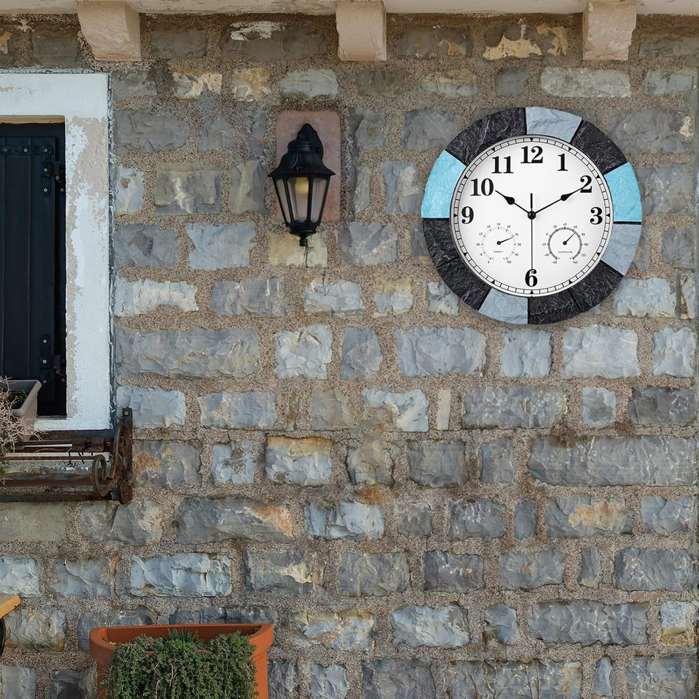JoFomp 13 Inch Resin Faux-Stone Outdoor Clocks Waterproof with Thermometer an...