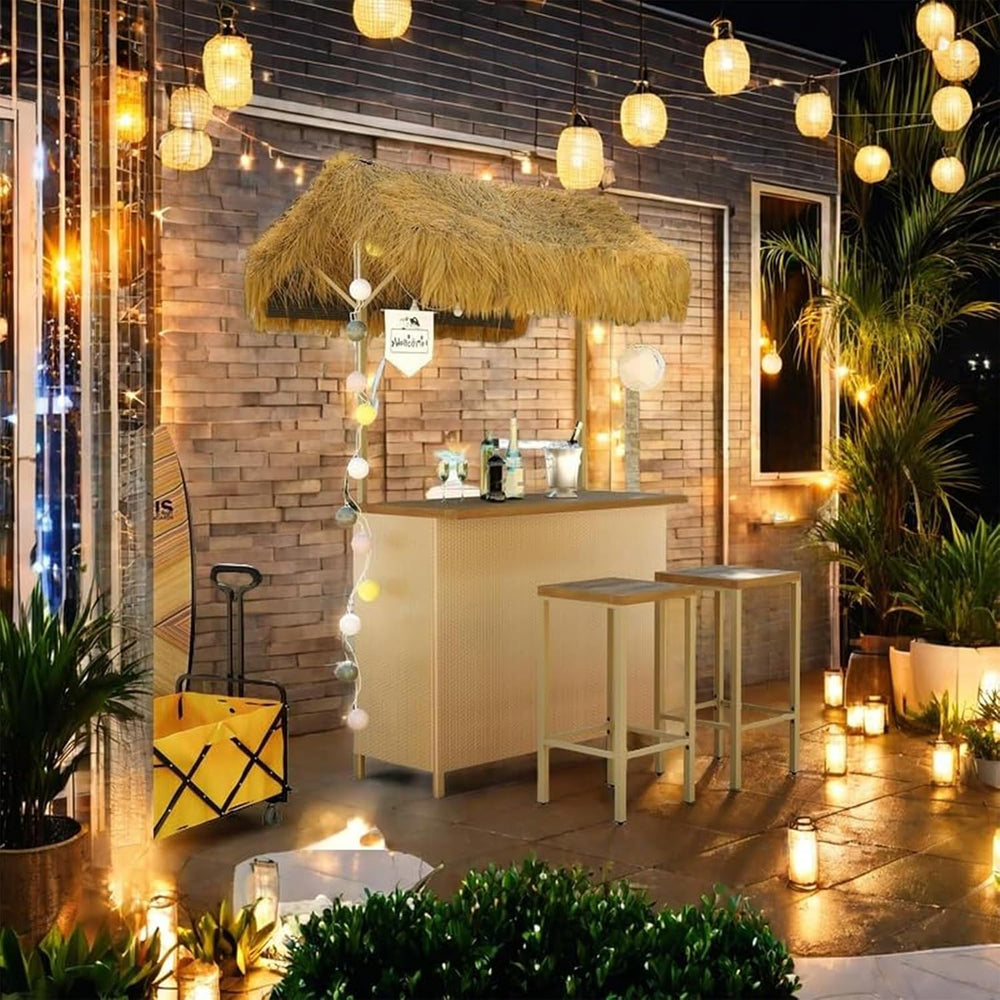 Outdoor Tiki Bar Set - 3 Piece Phuket Patio Wicker Islander Tiki Bar and 2 St...