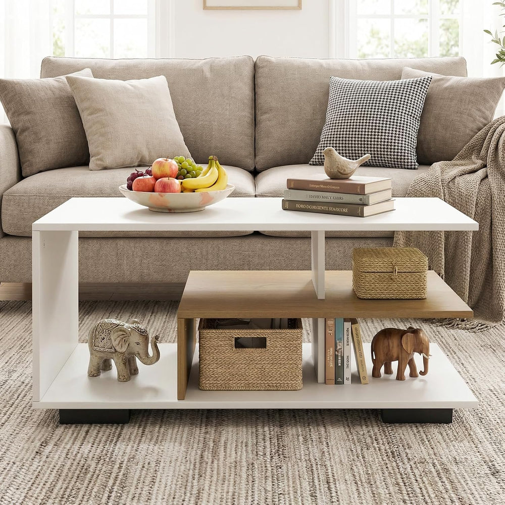 GOFLAME Rectangular Coffee Table for Living Room, 3-Tier Wood Center Table wi...