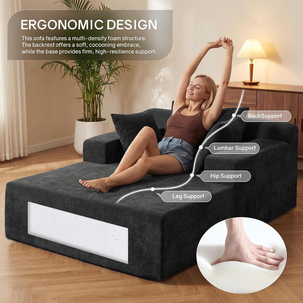 66" Chaise Lounge Chair Indoor, Oversized Boneless Lounge Chair with 3 P...