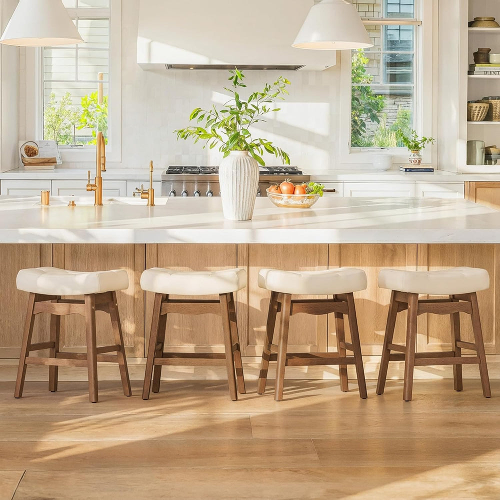 Cozyman Bar Stools Set of 3, 24" Backless Saddle, Ivory Faux Leather