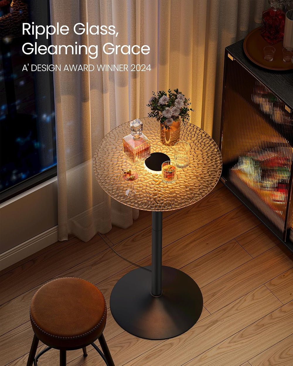 VASAGLE Round Bar Table with Multi-Colored Lights and Glass Top