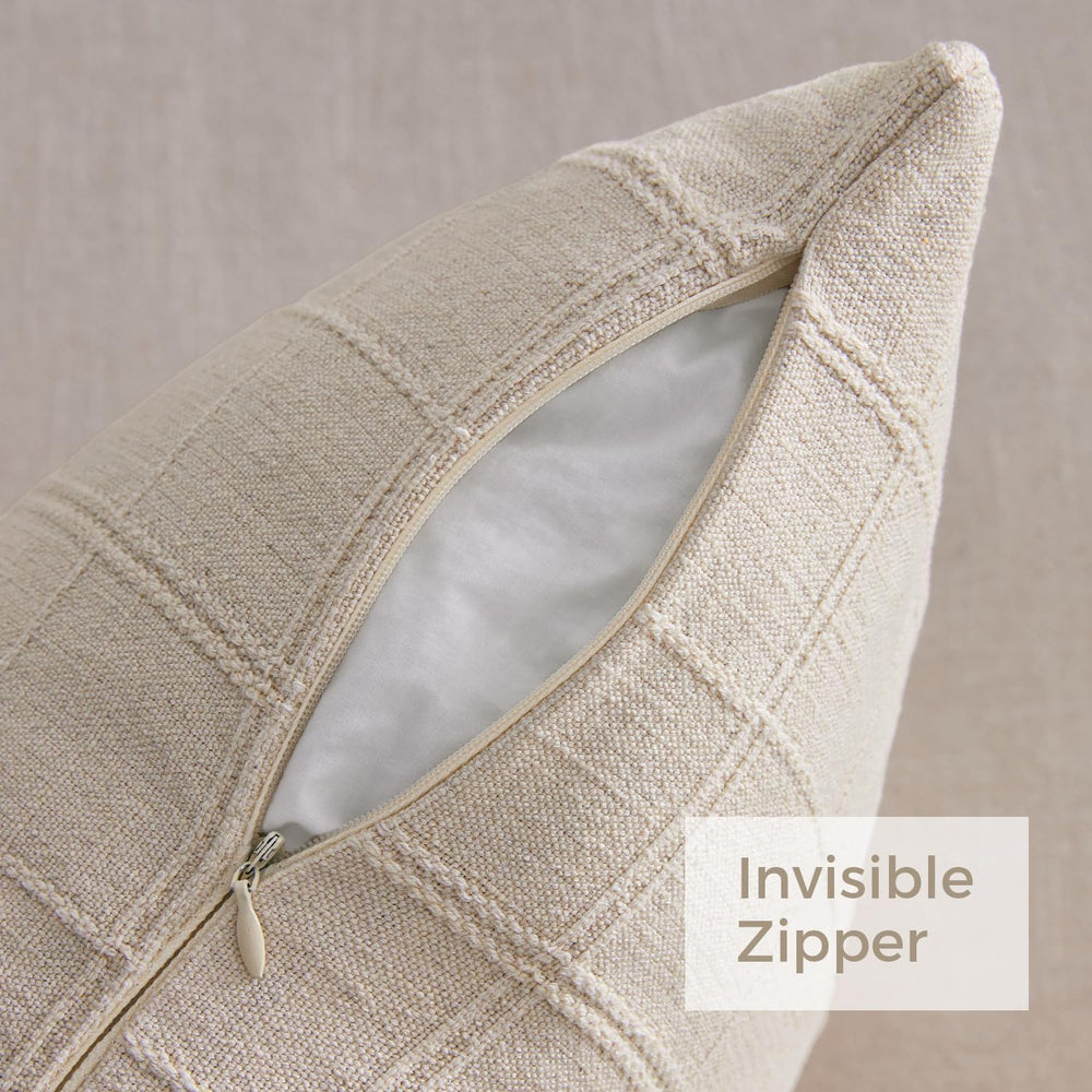 Set of 2 Linen Plaid Throw Pillow Covers 22x22 Inch, Beige