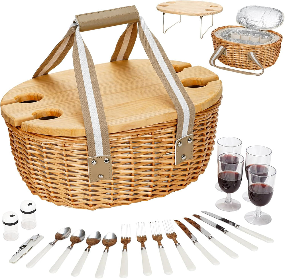 Wicker Picnic Baskets Set for 4 with Wine Table for Family, Beige