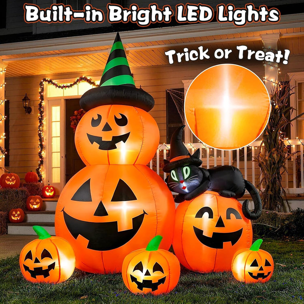 6 FT Halloween Inflatable Pumpkins with Witch’s Black Cat, Spooky Blow up Out...