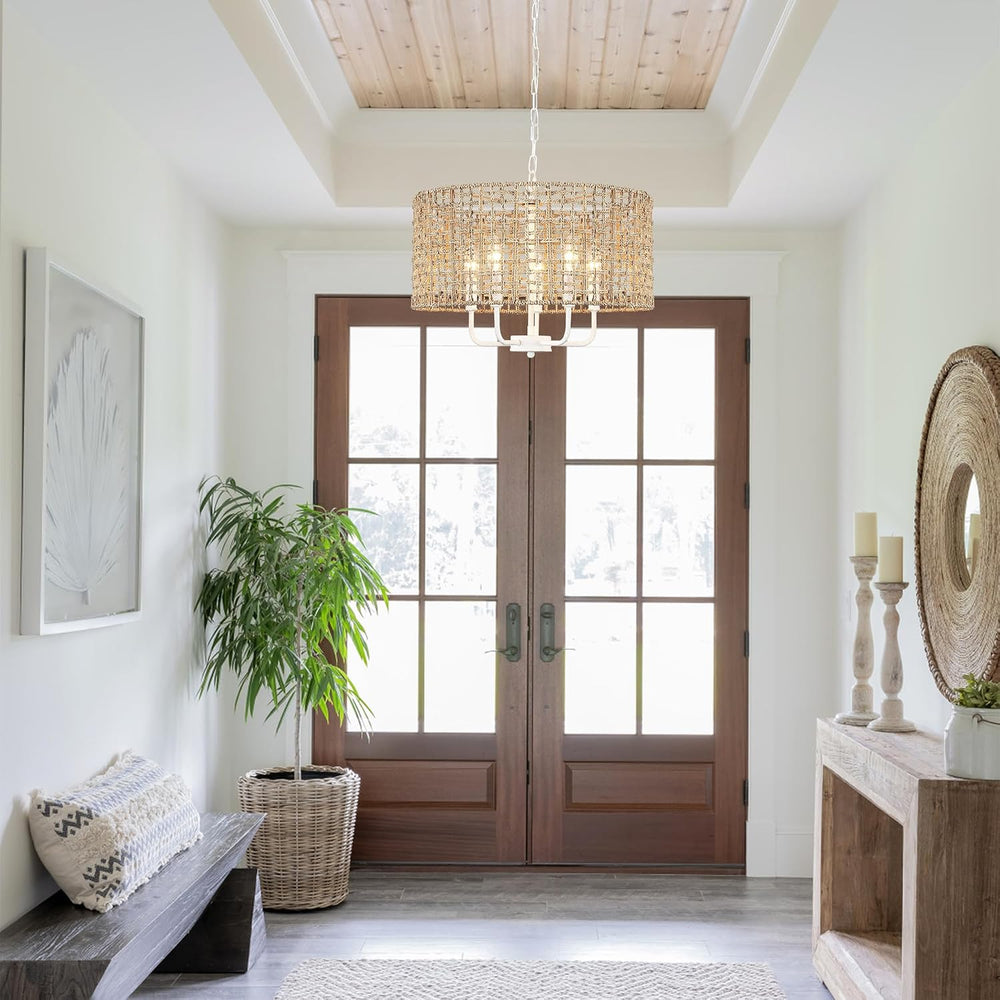 Rattan Chandelier 5-Light Farmhouse Boho Pendant Light Fixture for Dining Roo...