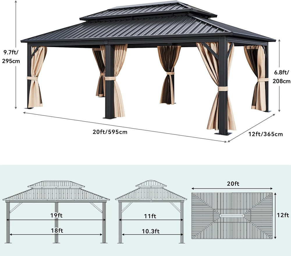 YITAHOME 12X20FT Gazebo Hard Top Patios Double Roof Aluminum Frame