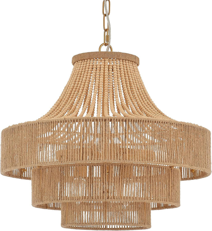 Wood Beaded Rattan Chandelier Boho Hand Woven Pendant Light 6-Lights Adjustable Coastal Pendant Lighting Fixtures for Dining Living Room Kitchen Hallway, Dia 20”, UL Listed