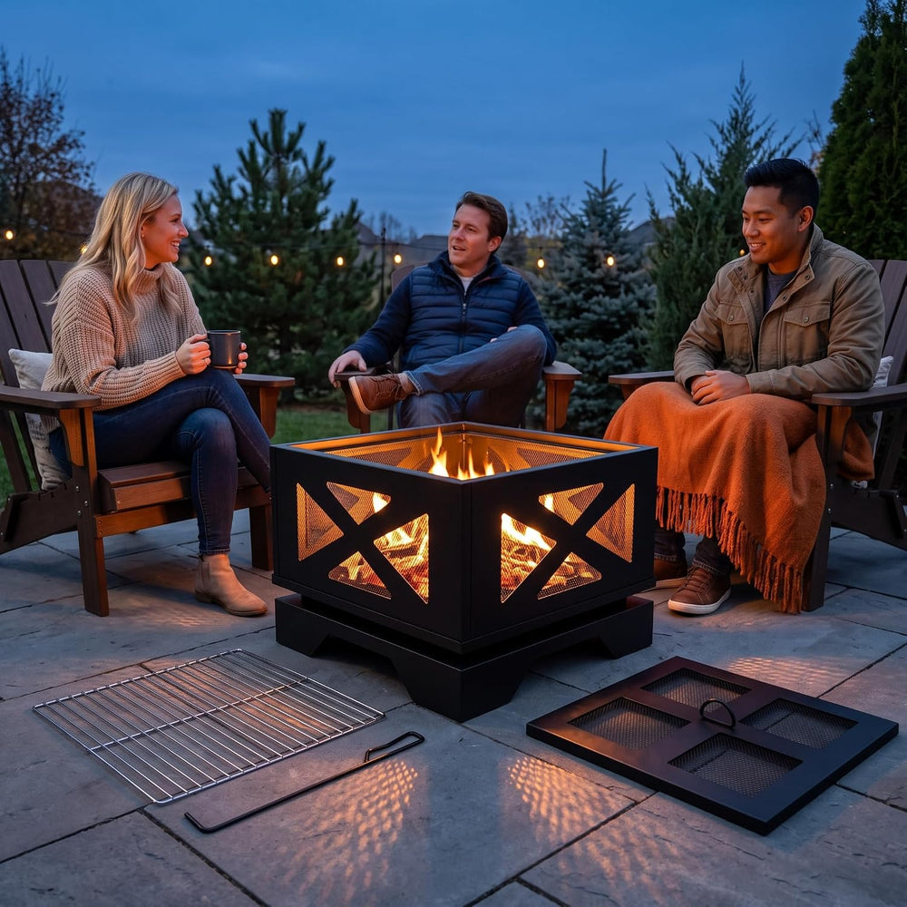 Kingson 20" Square Outdoor Fire Pit with X-Frame Mesh Design, Portable 2...