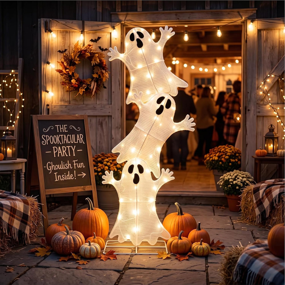 3-Tier Stacked Ghost Halloween Lighted Outdoor Display