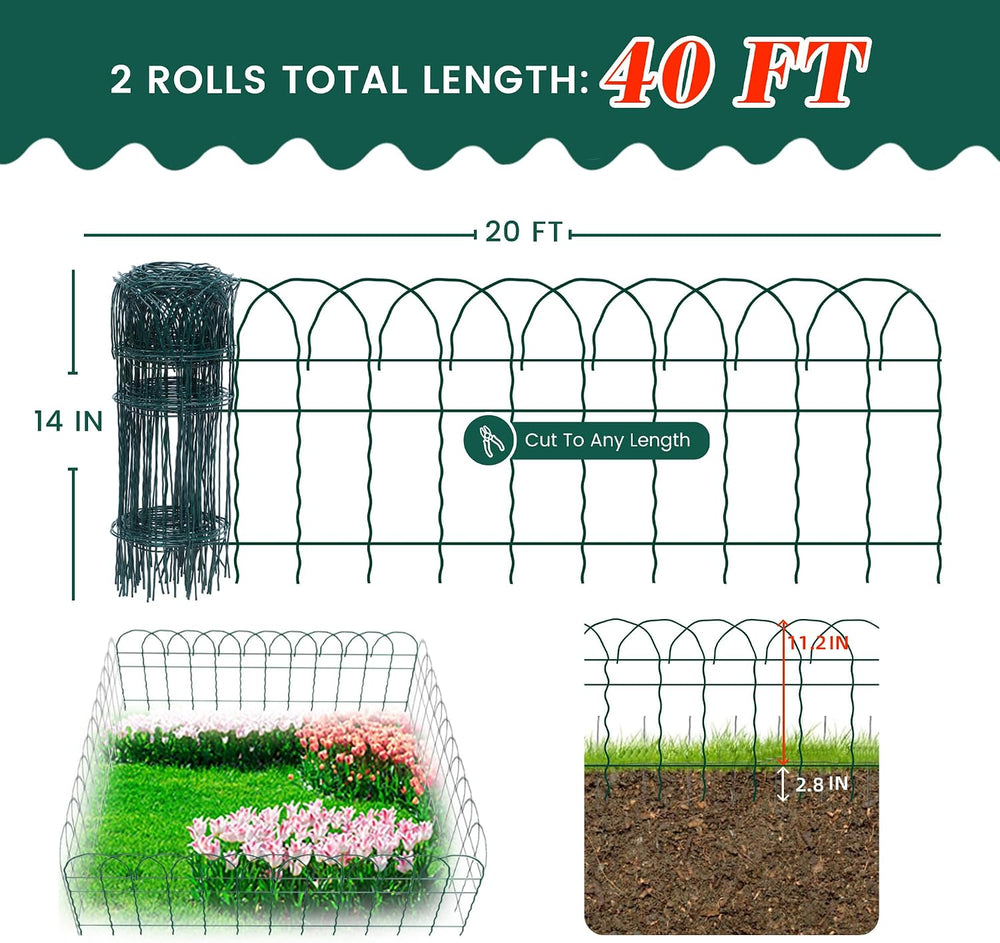 PROWORX Green Small Garden Fence Border Curve Wire Fencing 14”x40’(2 Rolls)