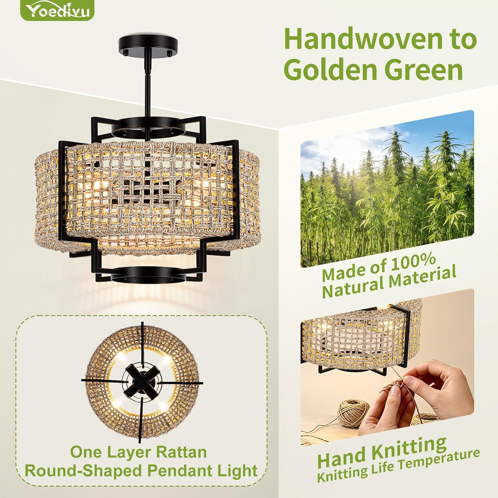 18" Rattan Chandelier, 4-Light Boho Pendant Light for Dining Room