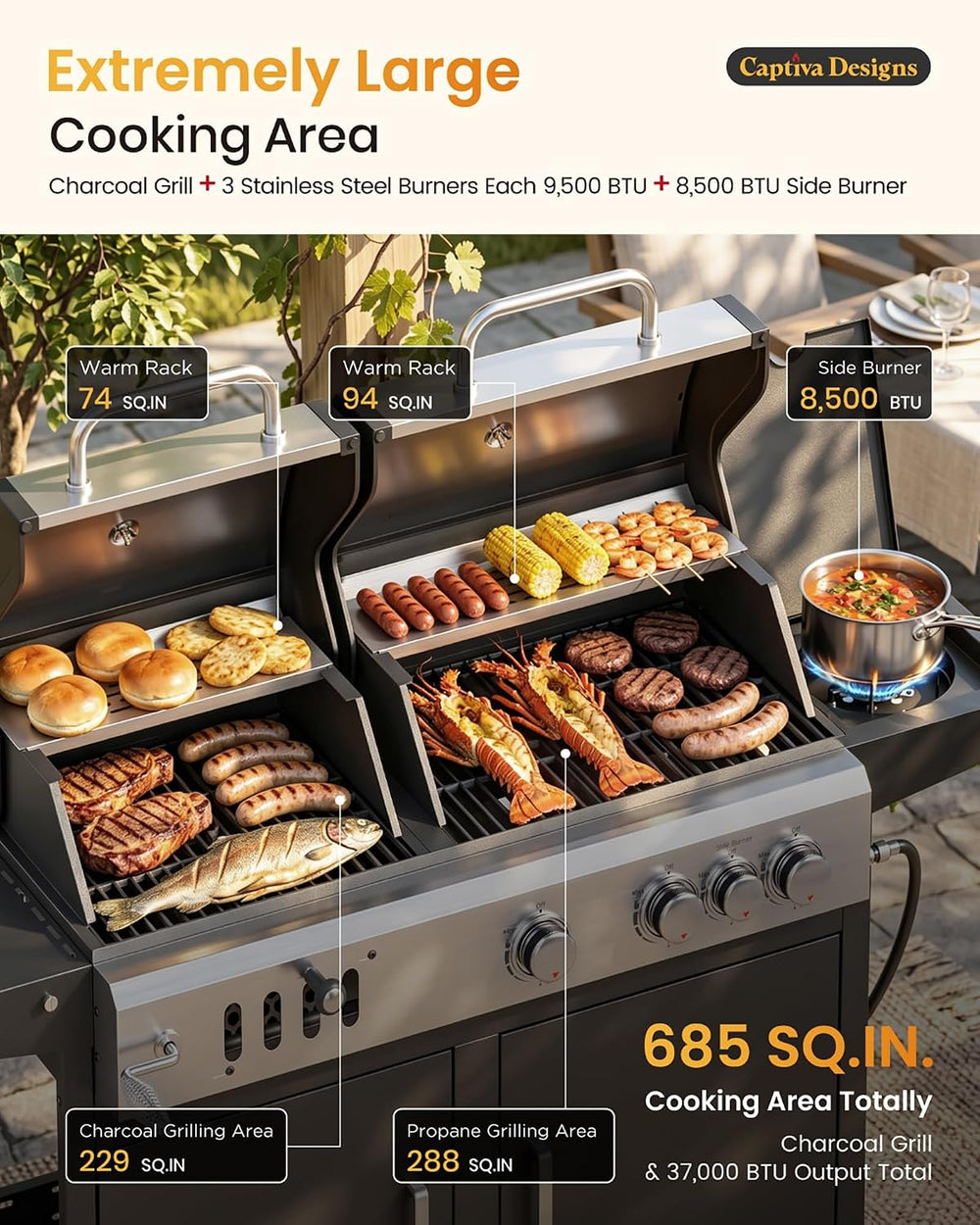 Captiva Designs Charcoal and Gas Grill Combo,690 SQIN Dual Fuel Propane BBQ