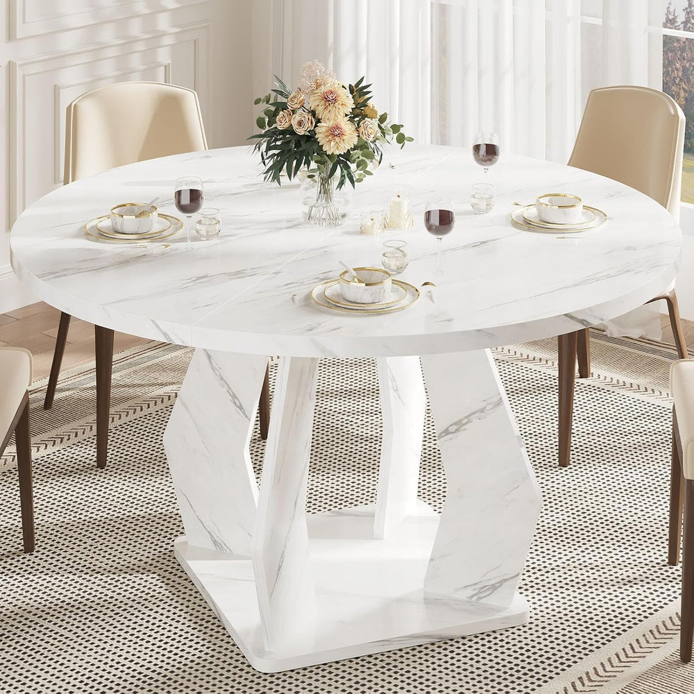 IBF White Marble Round Dining Table, Modern Wood Dinner Tables, 47 Inch