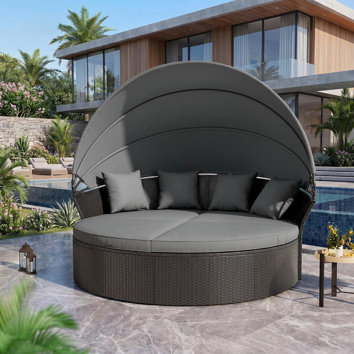 Crownland Round Patio Daybed with Retractable Canopy, Clamshell Wicker Sectional, Outdoor Wicker Furniture Daybed for Backyard, Poolside, or Garden,Grey