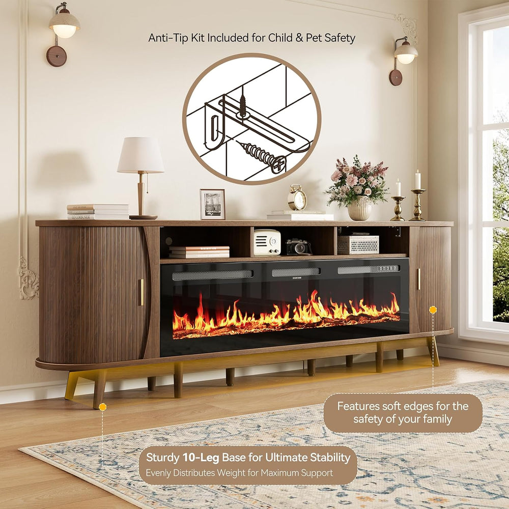 97" Fireplace TV Stand for 100" TV, Mid Century Modern Entertainmen...