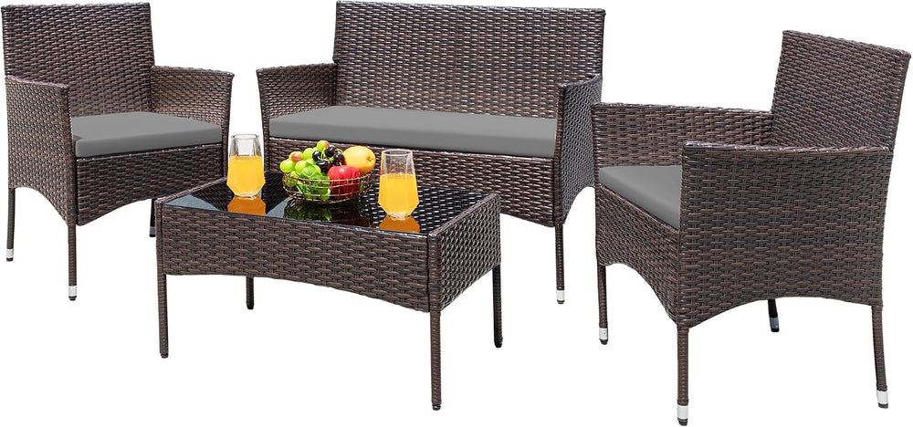 Greesum 4 Pieces Patio Furniture Conversation Sets,Brown and Gray