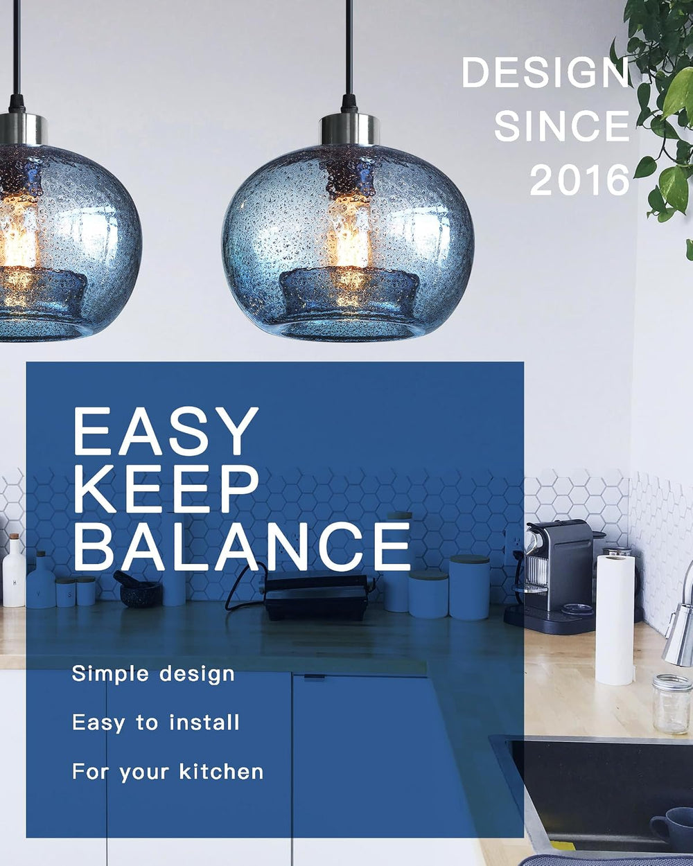 CASAMOTION Glass Pendant Lights Kitchen Island, Marble Blue 8.7 Inch 2 Pack