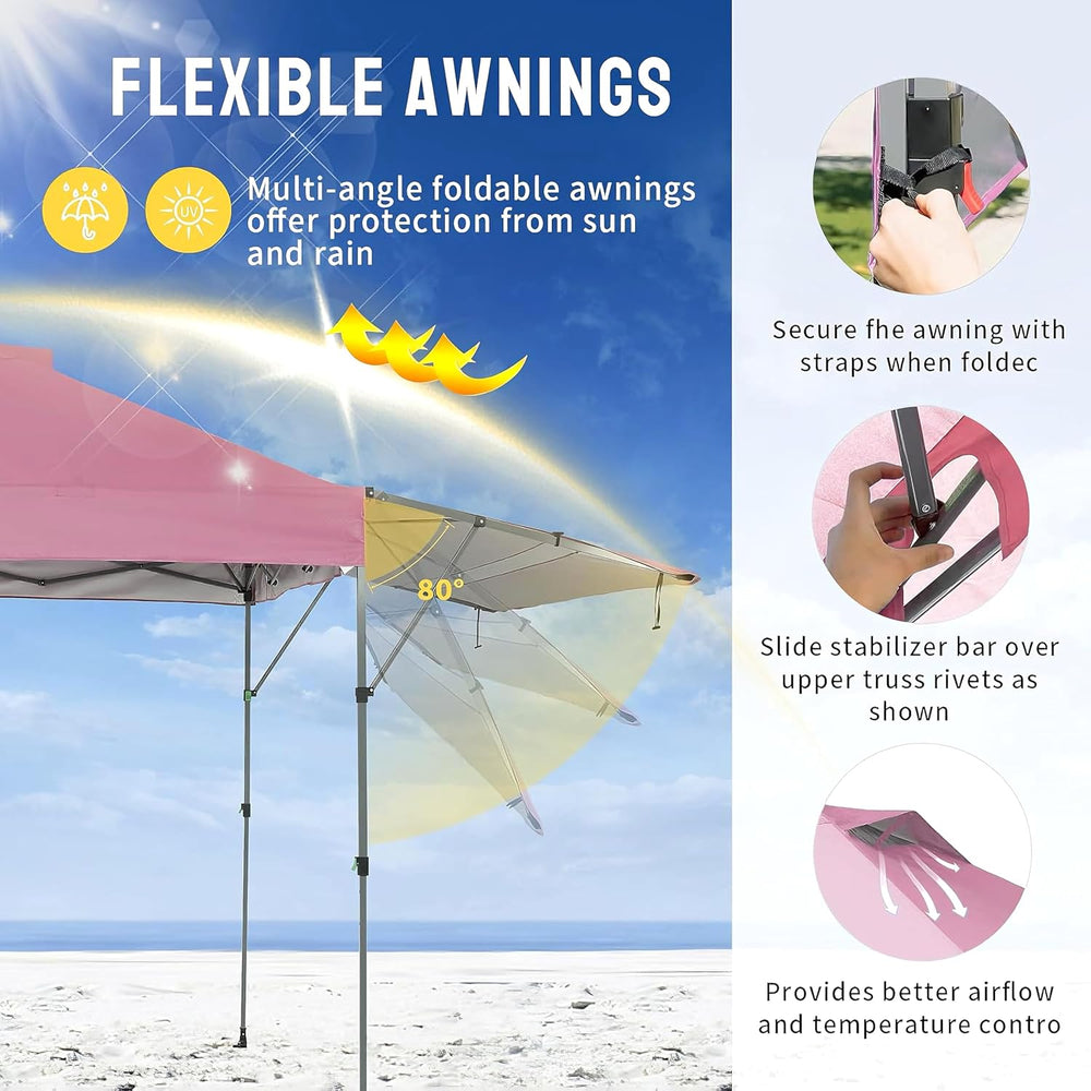 CROWN SHADES 10x10 Pop up Canopy with Adjustable Awning, Pink